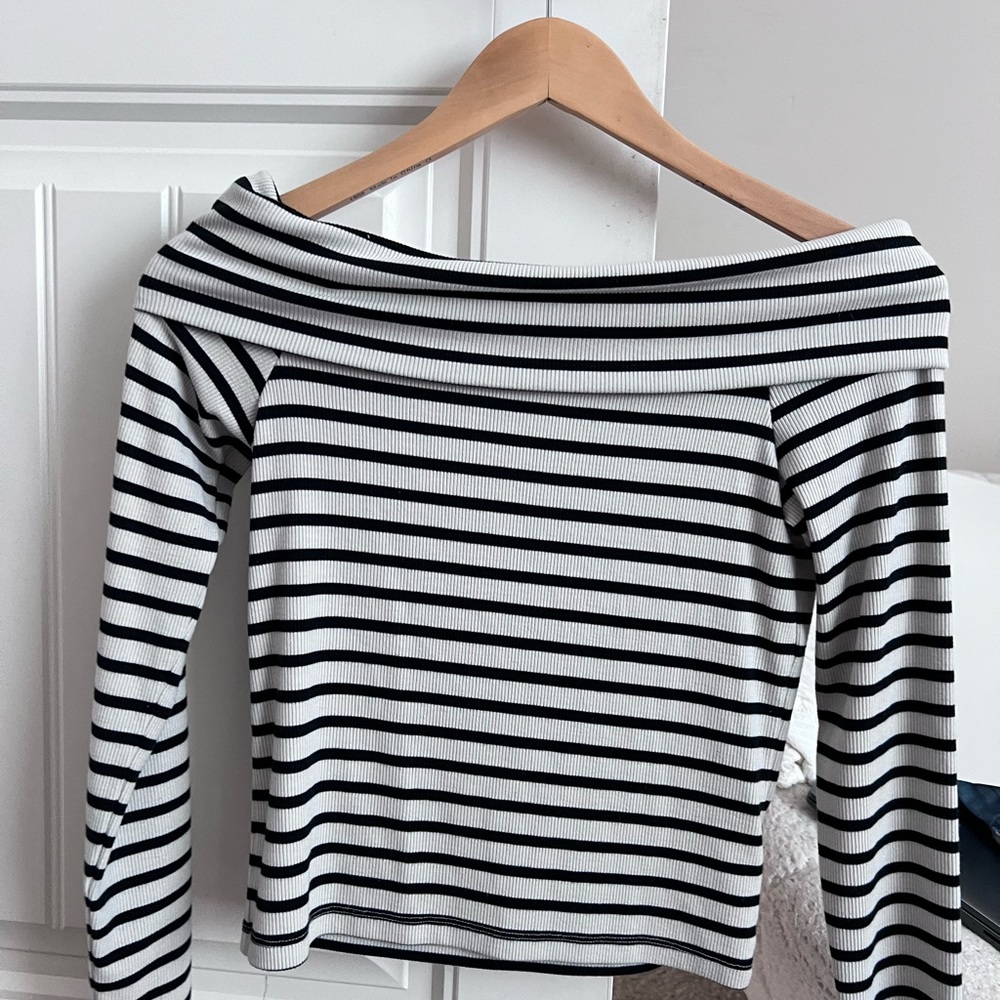 American Eagle Striped Off the Shoulder Fold-over Fitted Long Sleeve